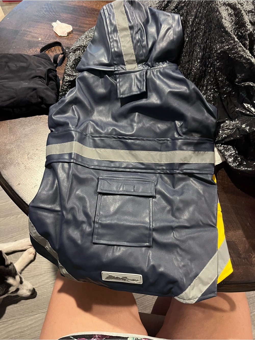 Eddie Bauer Navy and Yellow Reflective Dog Raincoat with Hood